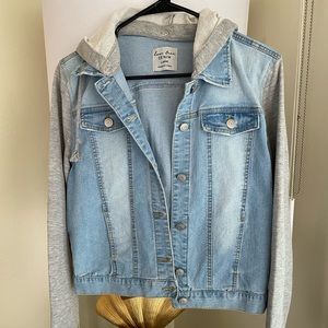 Jean jacket with hoodie sleeves and hood.